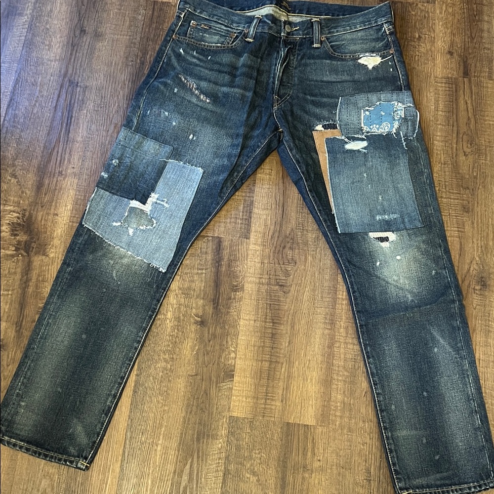 SOLD Polo Ralph Lauren Sullivan Slim Jeans Mens 35x30 Patchwork Distressed Denim